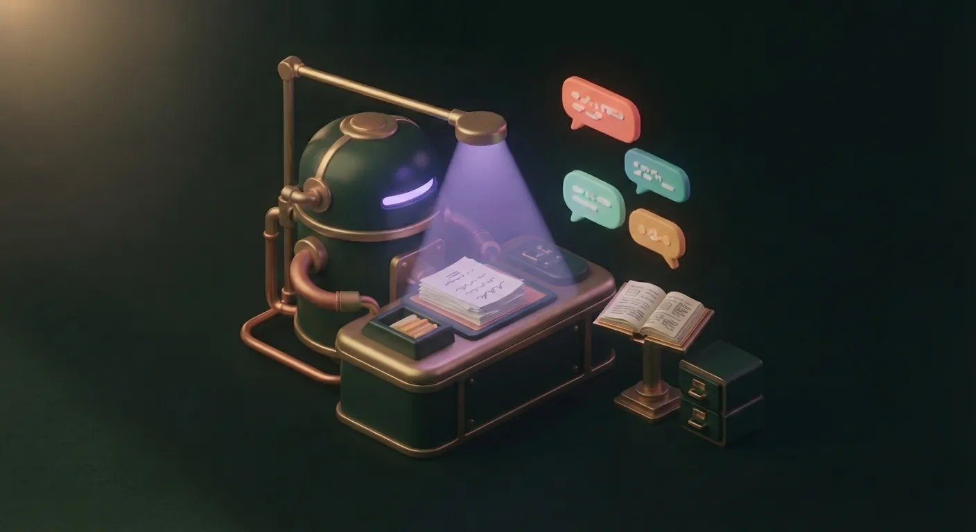 Illustration: an AI assistant machine reads documents and gives answers.
