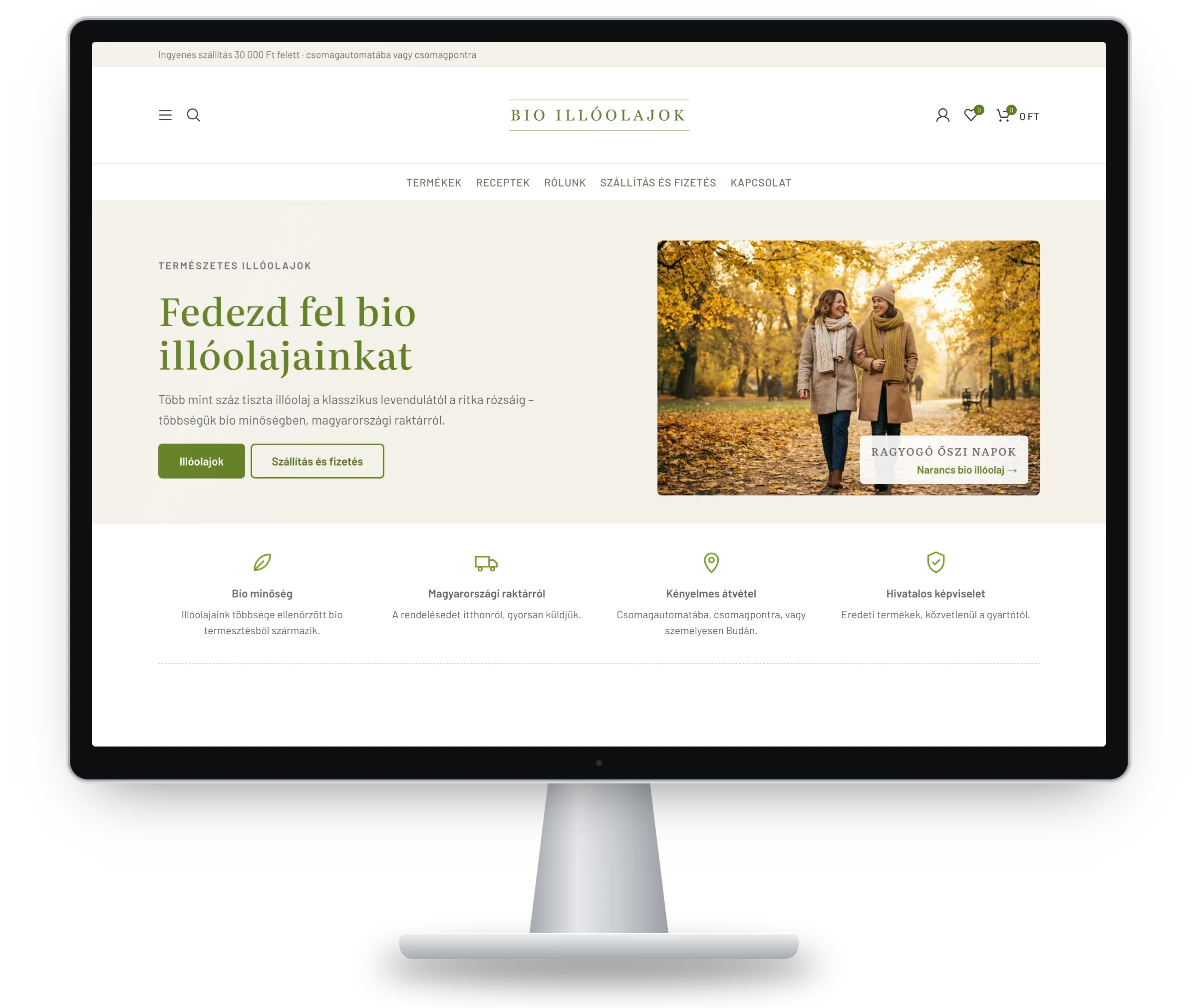 Az illóolaj-webáruház kezdőoldala asztali monitoron: őszi kiemelt ajánlat, gyors elérés az illóolajokhoz és a szállítási információkhoz, alatta az előnyök sávja.